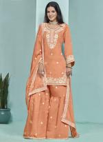 Roman Silk Pastel Orange Wedding Wear Embroidery Work Sharara Suit